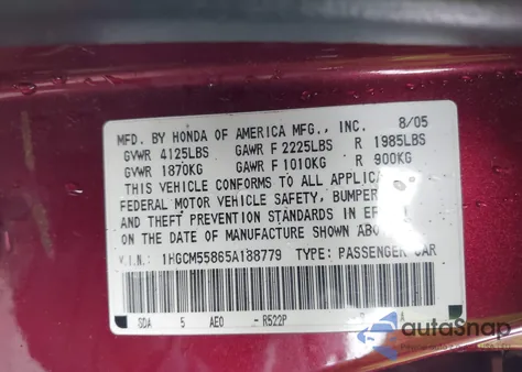 2005 Honda Accord 2.4 Ex из США, поврежденный, VIN 1HGCM55865A188779